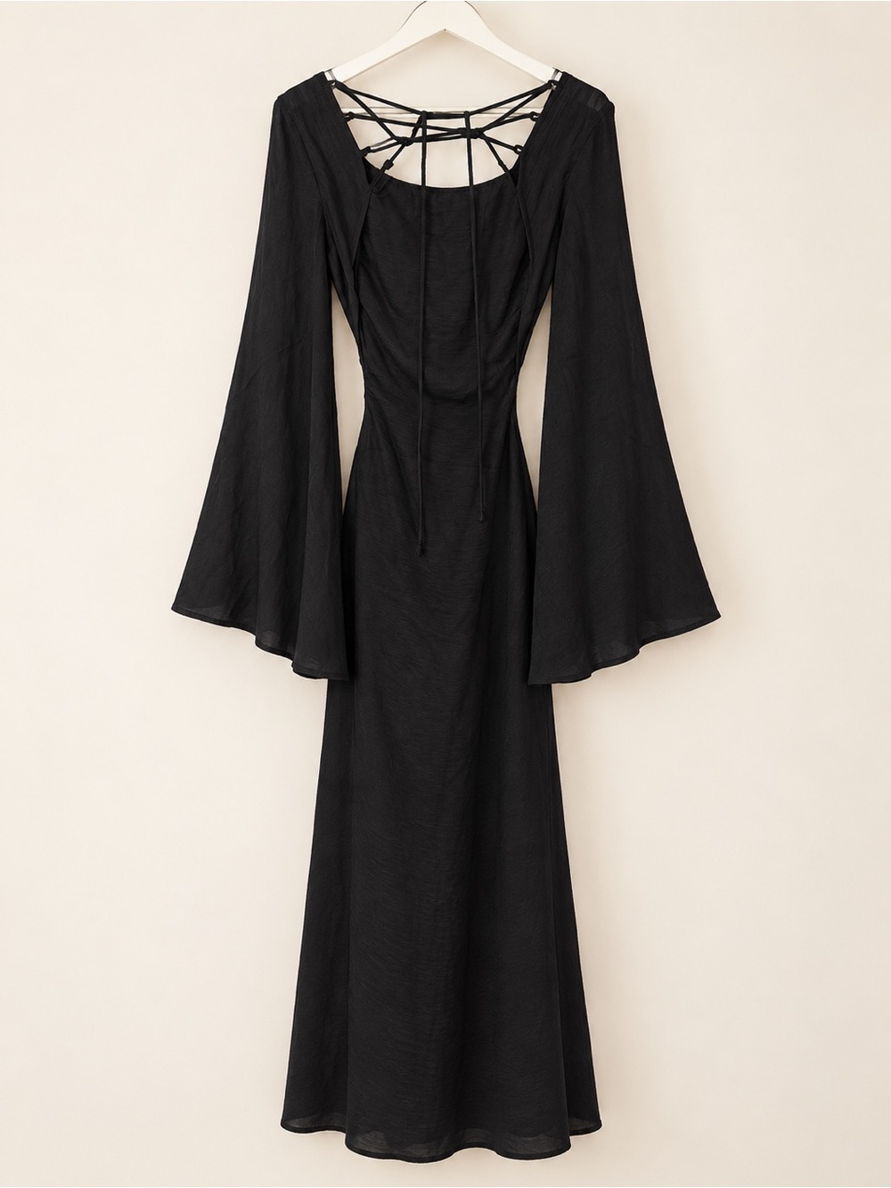 Fashion Nova Black Maxi Dress with Bell Sleeves and Lace-Up Back
